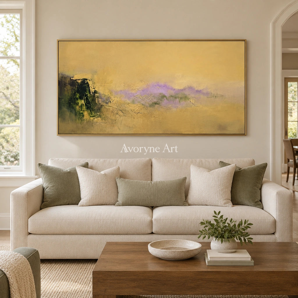 Pale Gesture textured landscape wall art with a gold frame hanging in a living room