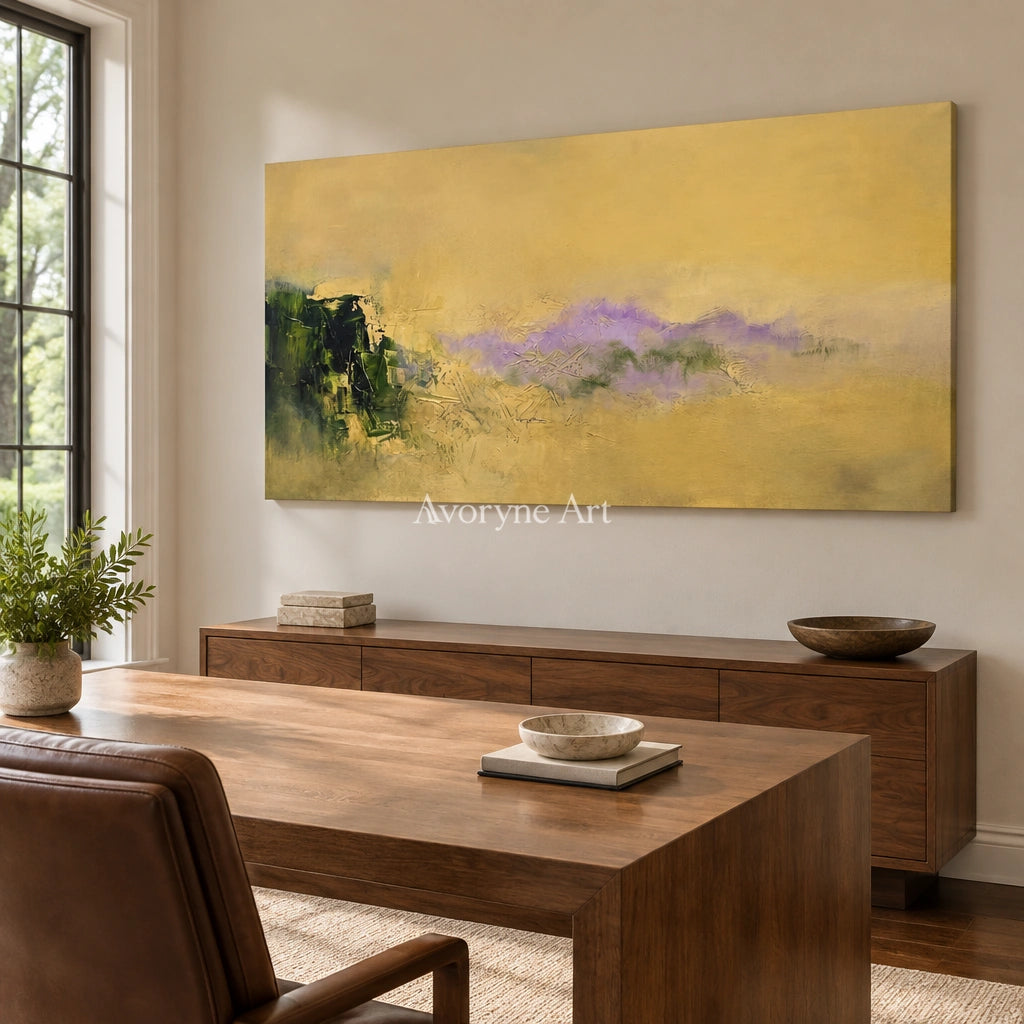 Pale Gesture textured landscape wall art as a frameless stretched canvas in a home office