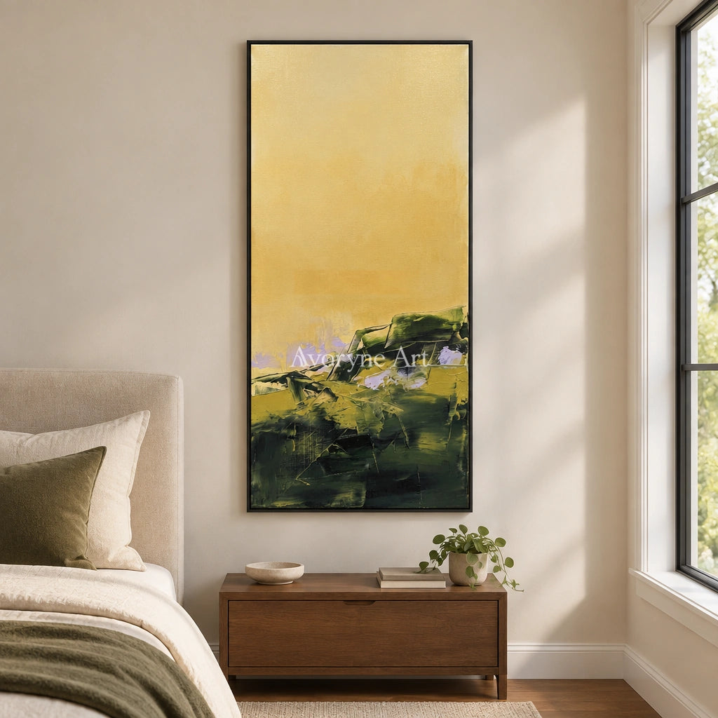 Pale Prelude textured landscape wall art with a black frame above a bed in a bedroom