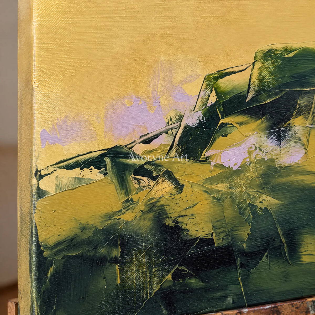 Close-up of the hand-painted texture of Pale Prelude textured landscape wall art on an easel