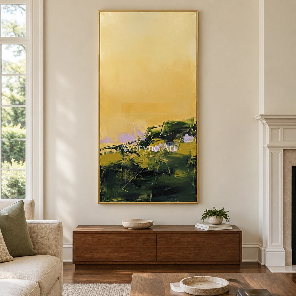 Pale Prelude textured landscape wall art with a gold frame hanging in a living room