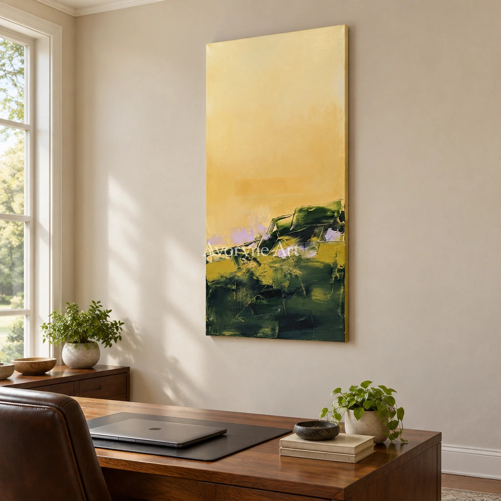Pale Prelude textured landscape wall art as a frameless stretched canvas in a home office