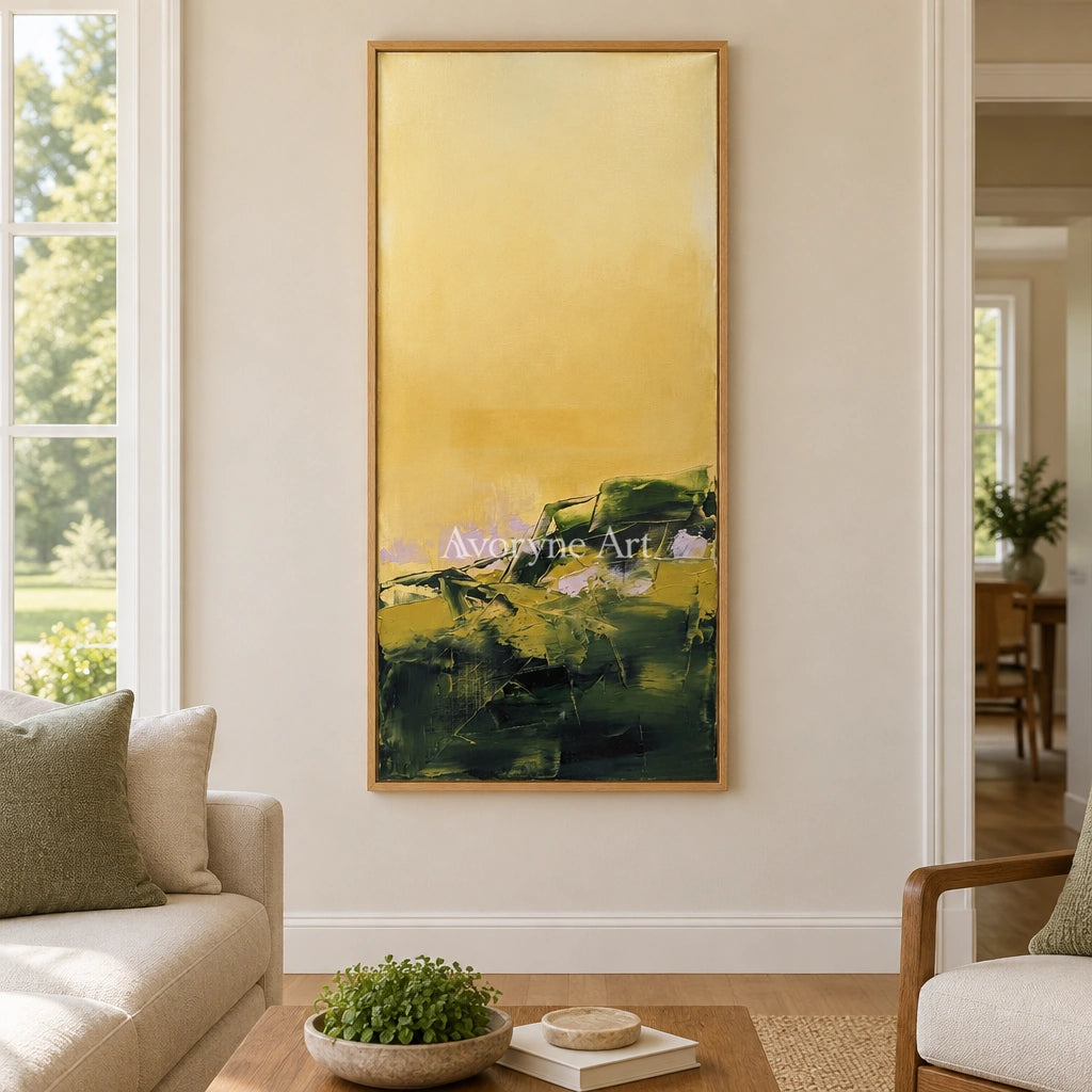 Pale Prelude textured landscape wall art with a wood frame in a villa living space