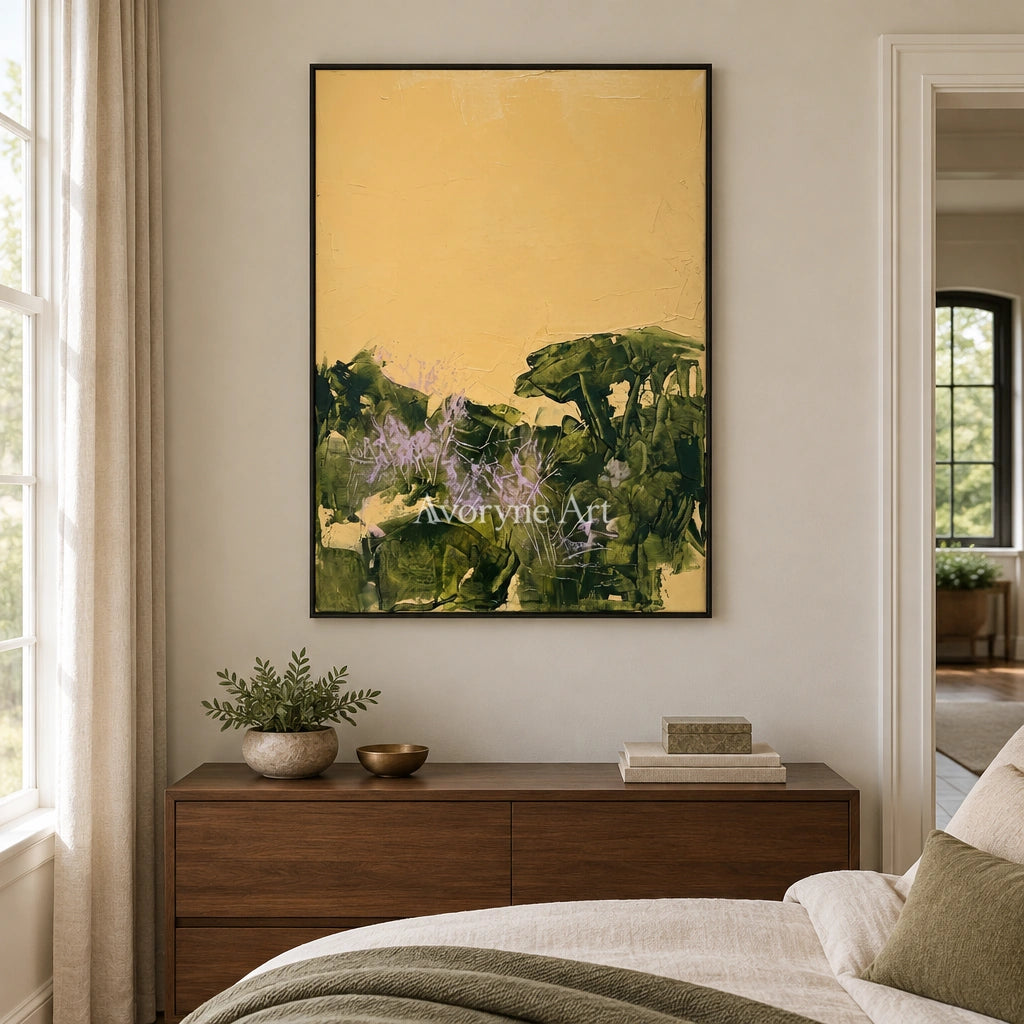 Pale Trace textured landscape wall art with a black frame above a bed in a bedroom