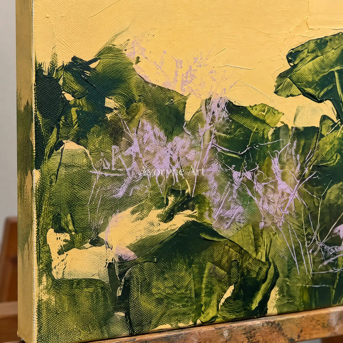 Close-up of the hand-painted texture of Pale Trace textured landscape wall art on an easel