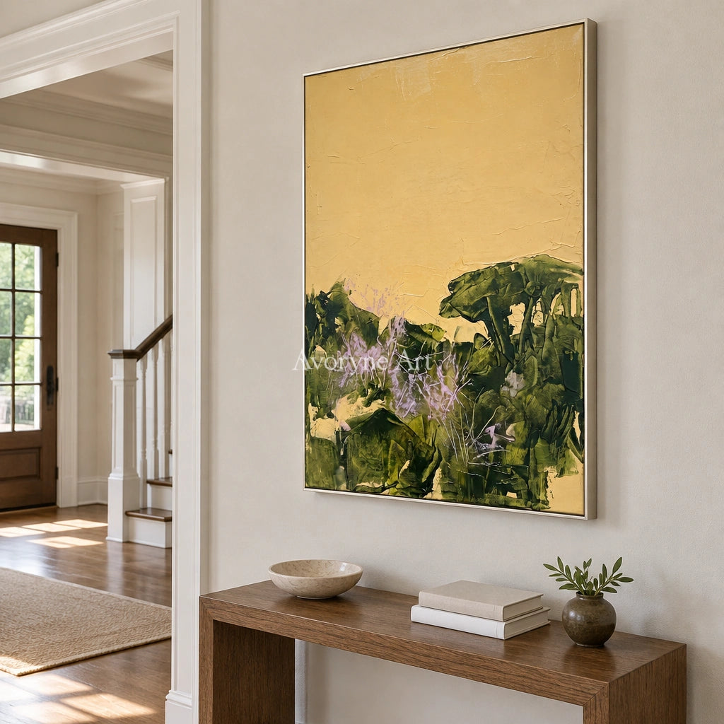 Pale Trace textured landscape wall art with a silver frame in an entryway