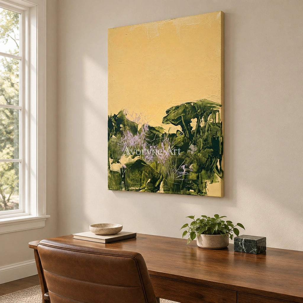 Pale Trace textured landscape wall art as a frameless stretched canvas in a home office