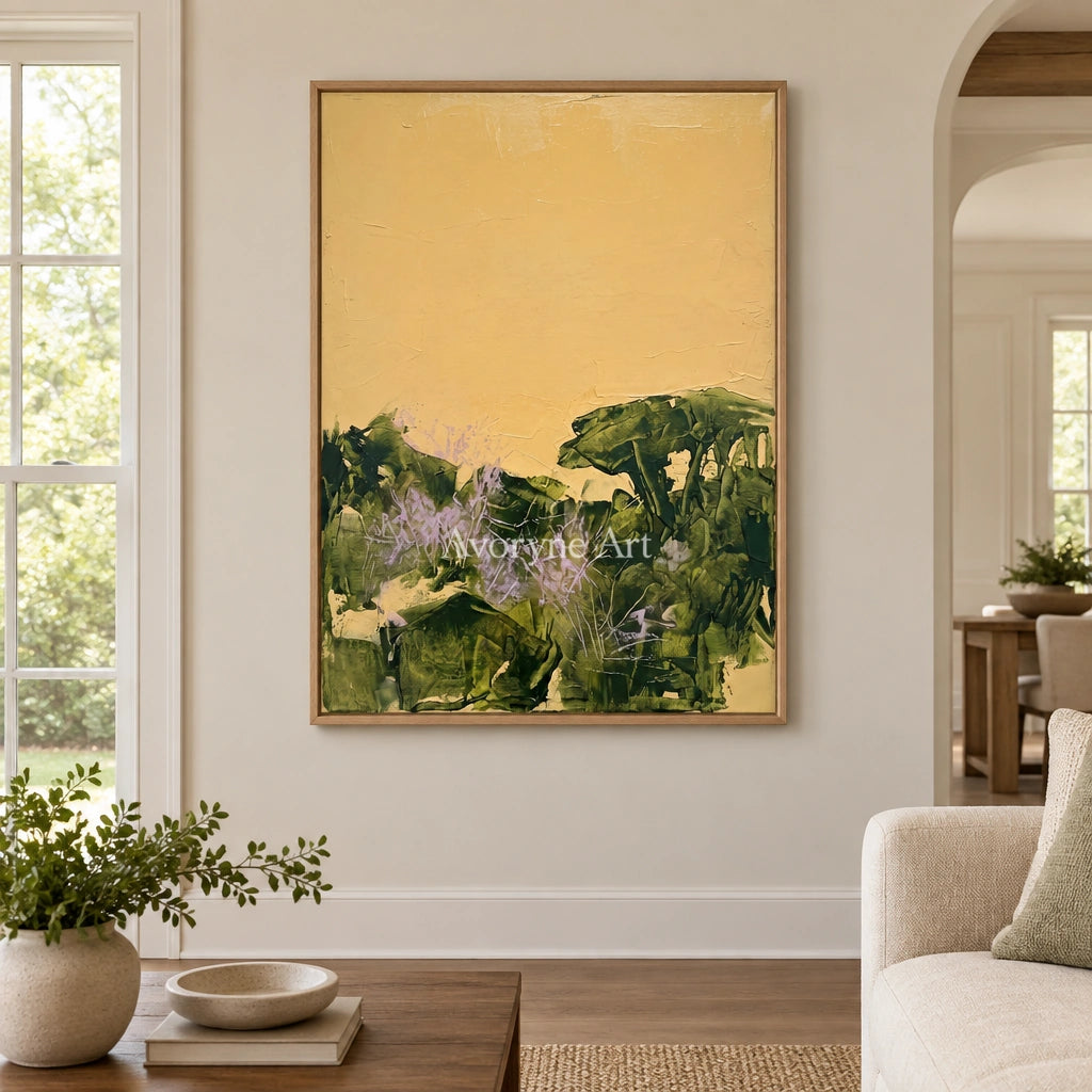 Pale Trace textured landscape wall art with a wood frame in a villa living space