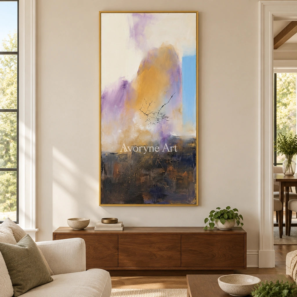 Pale Story textured landscape wall art with a gold frame hanging in a living room
