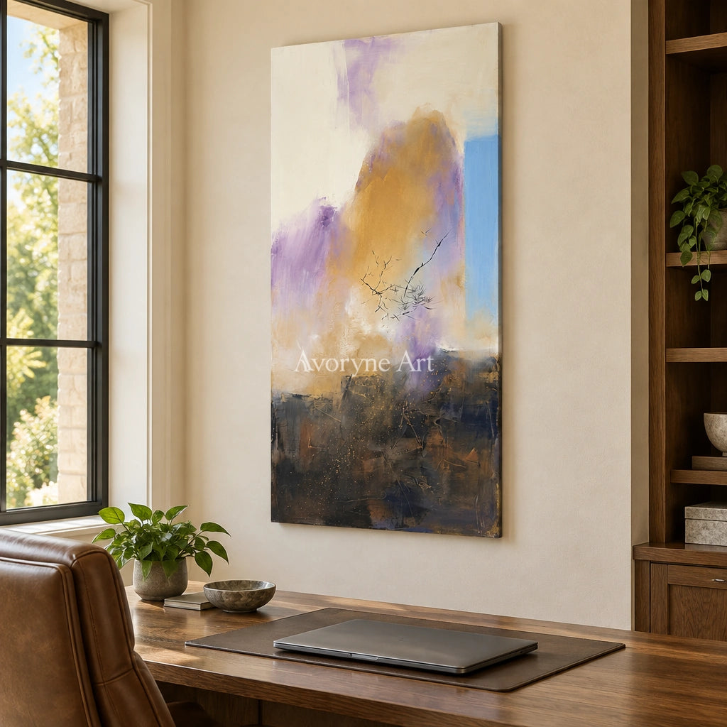 Pale Story textured landscape wall art as a frameless stretched canvas in a home office