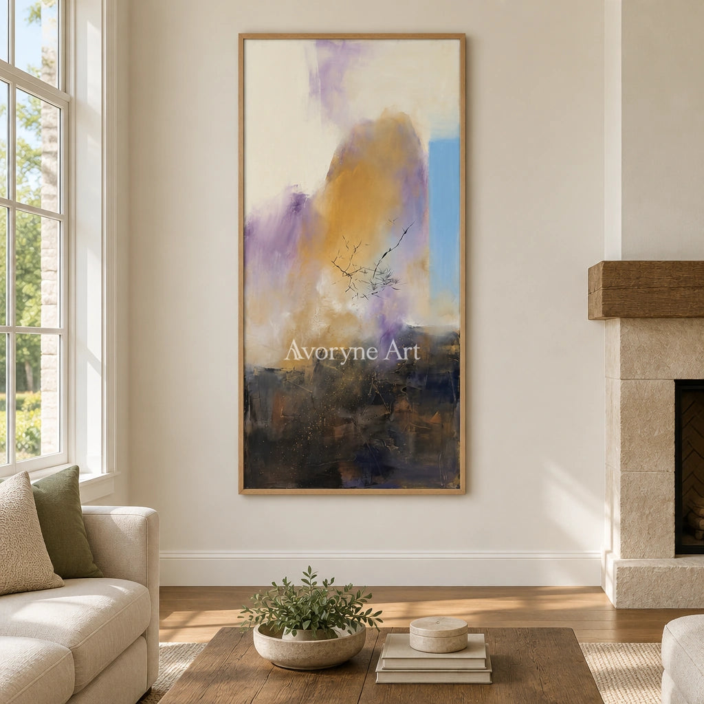Pale Story textured landscape wall art with a wood frame in a villa living space