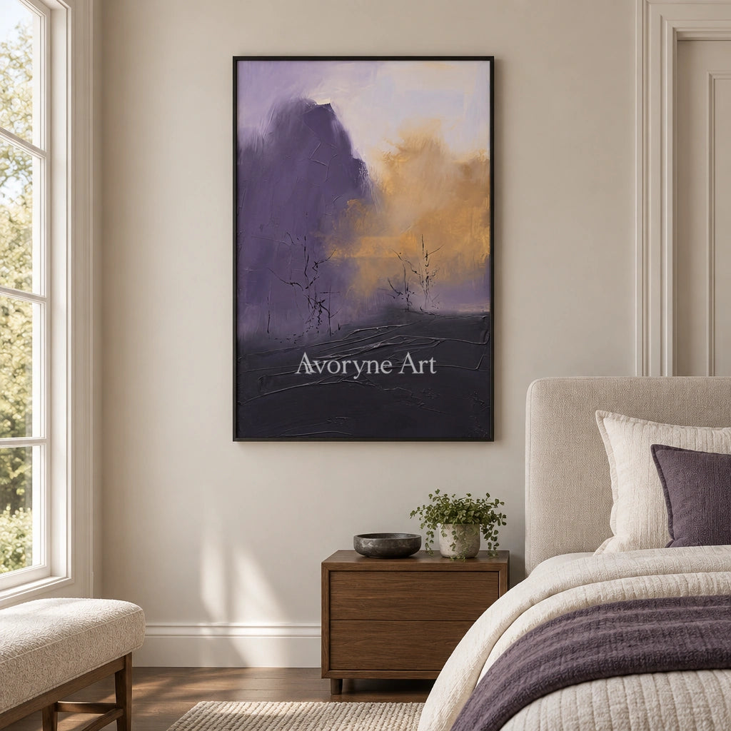 Pale Solace textured landscape wall art with a black frame above a bed in a bedroom