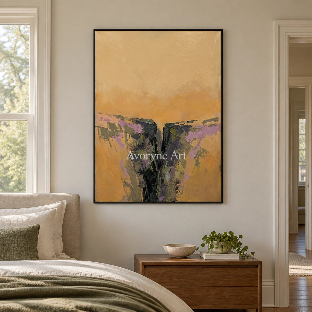 Pale Reverberation textured landscape wall art with a black frame above a bed in a bedroom