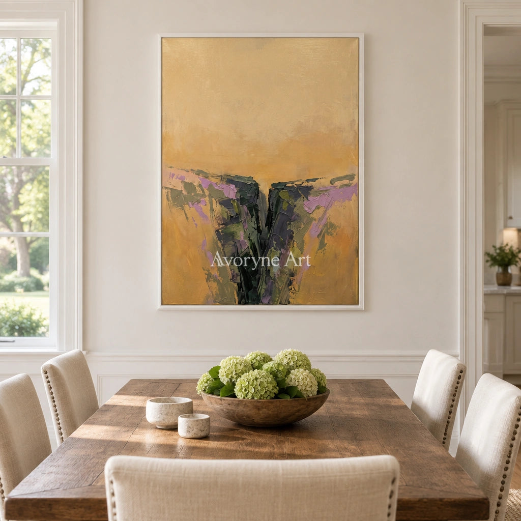 Pale Reverberation textured landscape wall art with a white frame in a dining room