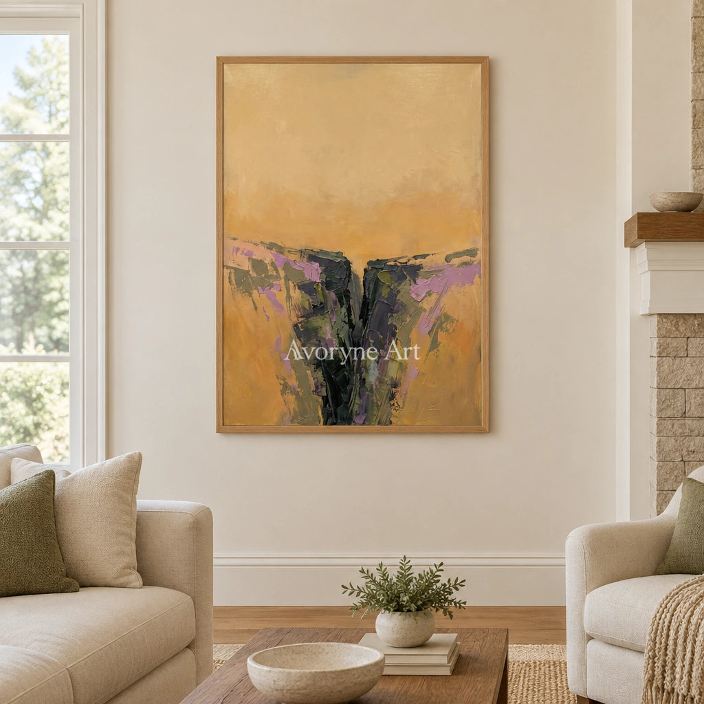 Pale Reverberation textured landscape wall art with a wood frame in a villa living space