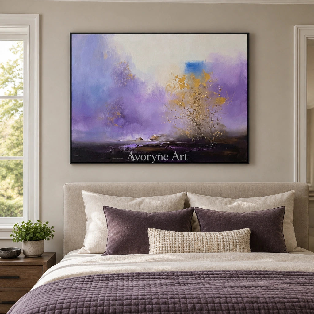 Pale Dialogue textured landscape wall art with a black frame above a bed in a bedroom