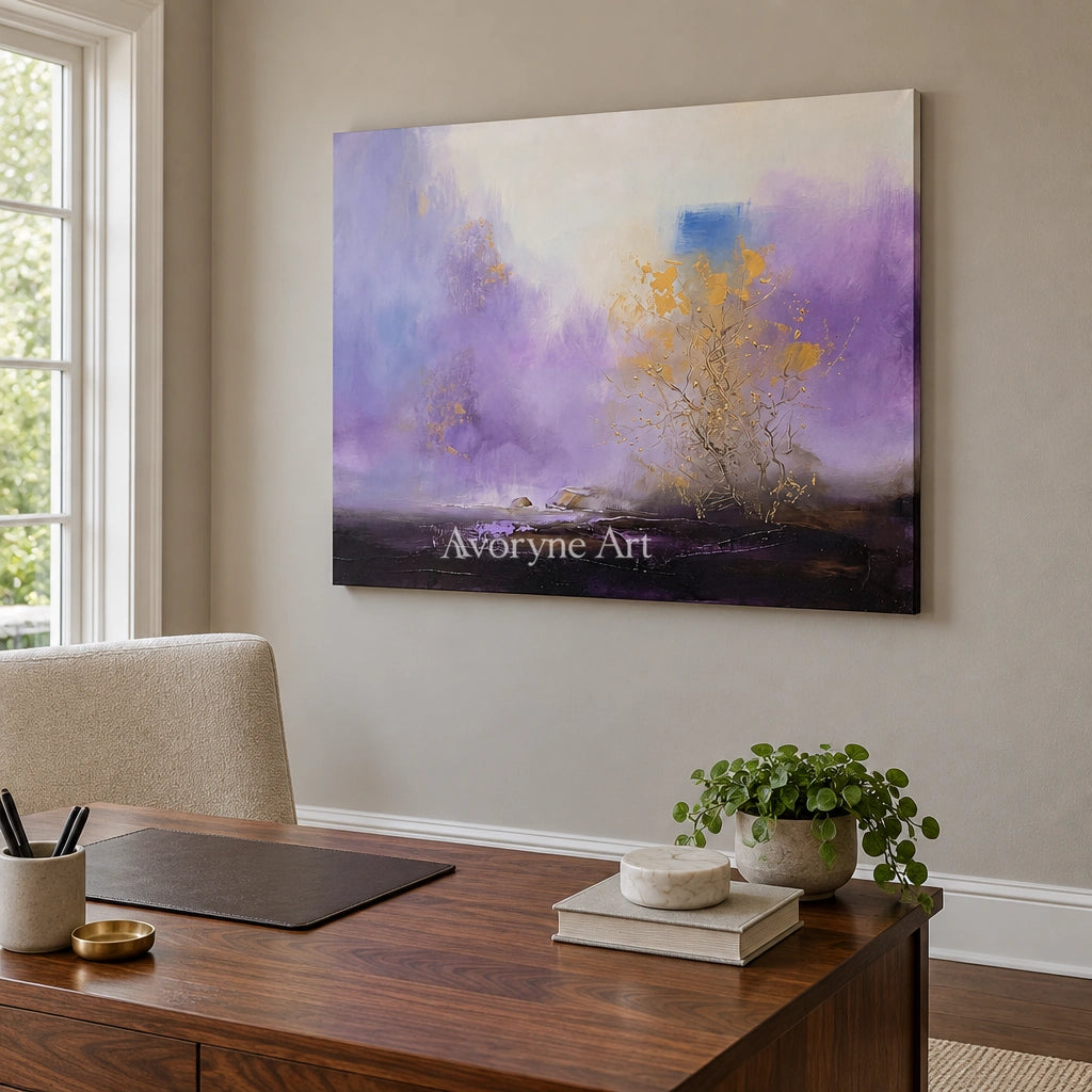 Pale Dialogue textured landscape wall art as a frameless stretched canvas in a home office