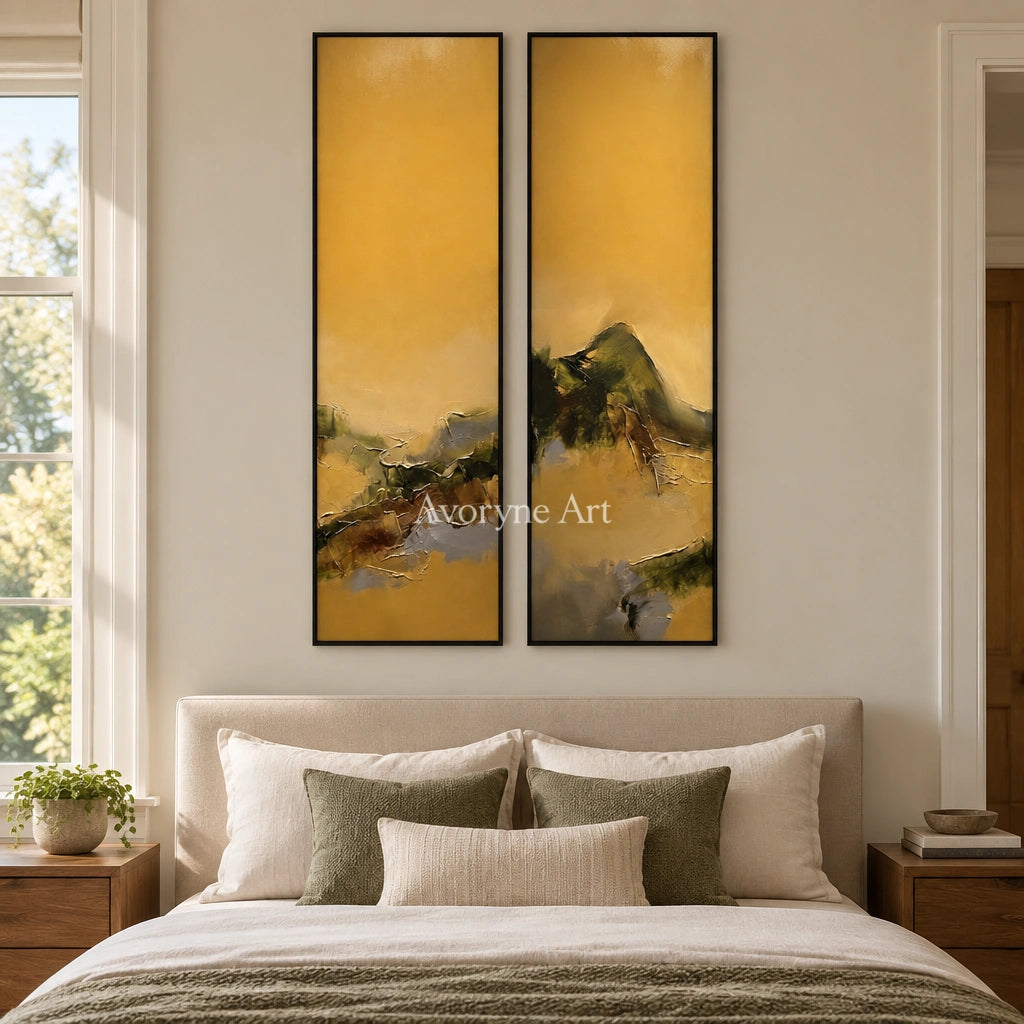 Pale Drift textured landscape diptych with a black frame above a bed in a bedroom
