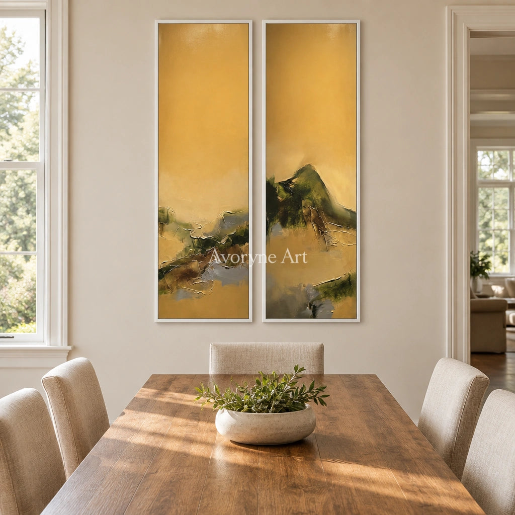 Pale Drift textured landscape diptych with a white frame in a dining room