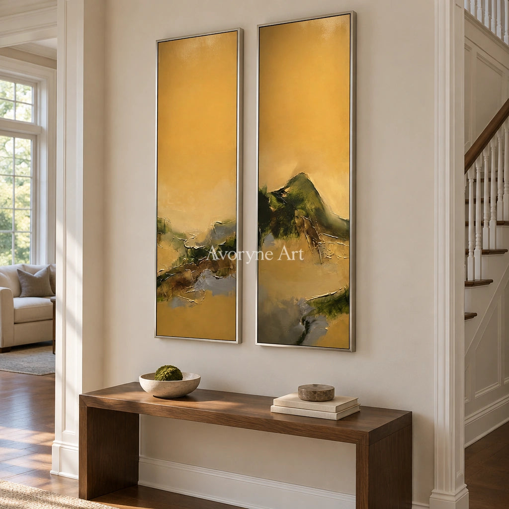 Pale Drift textured landscape diptych with a silver frame in an entryway