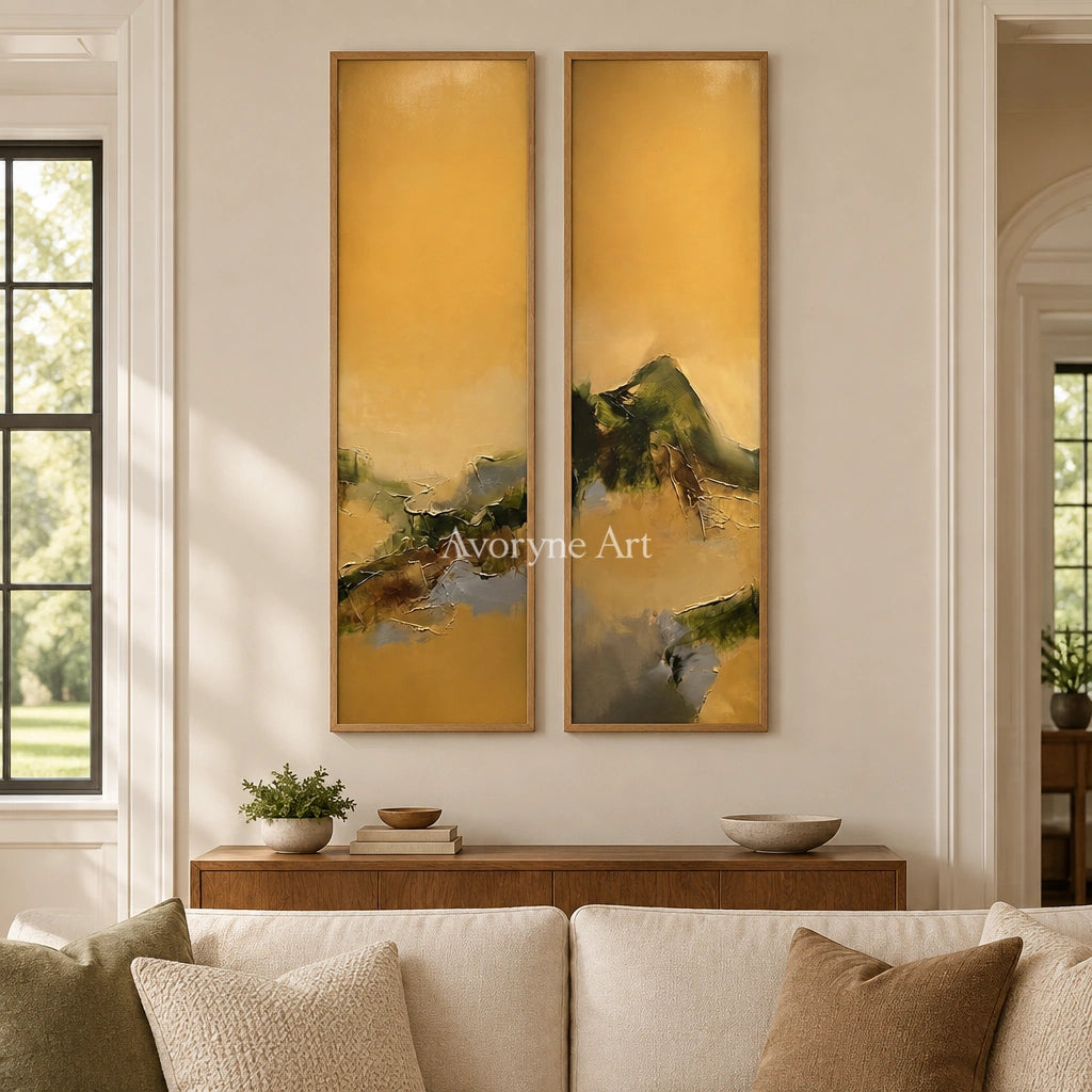 Pale Drift textured landscape diptych with a wood frame in a villa living space