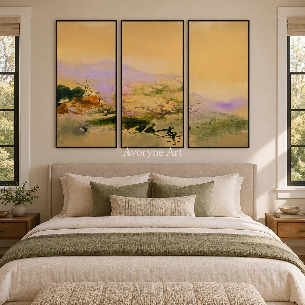Deep Cadence textured landscape triptych with a black frame above a bed in a bedroom
