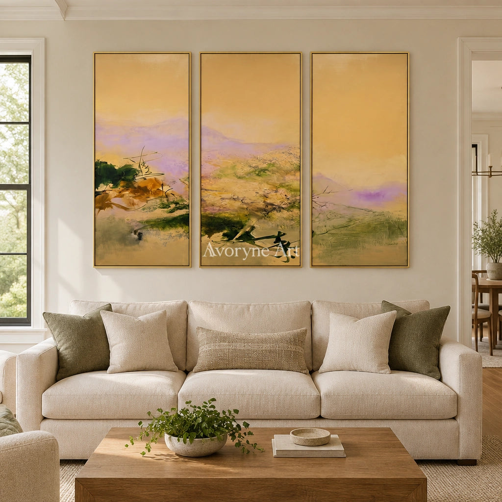 Deep Cadence textured landscape triptych with a gold frame hanging in a living room