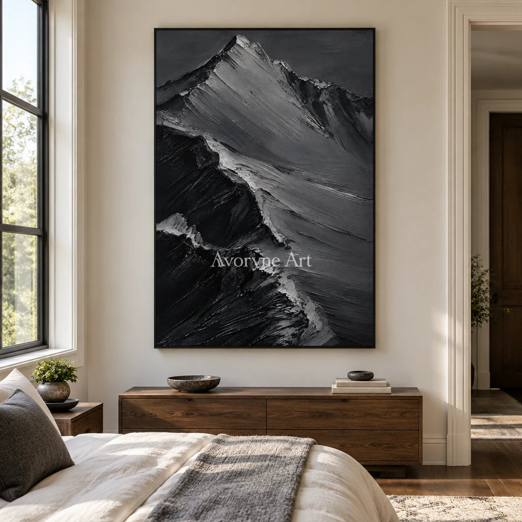 Slate Summits: Textured Monochrome Mountain Art — bedroom black