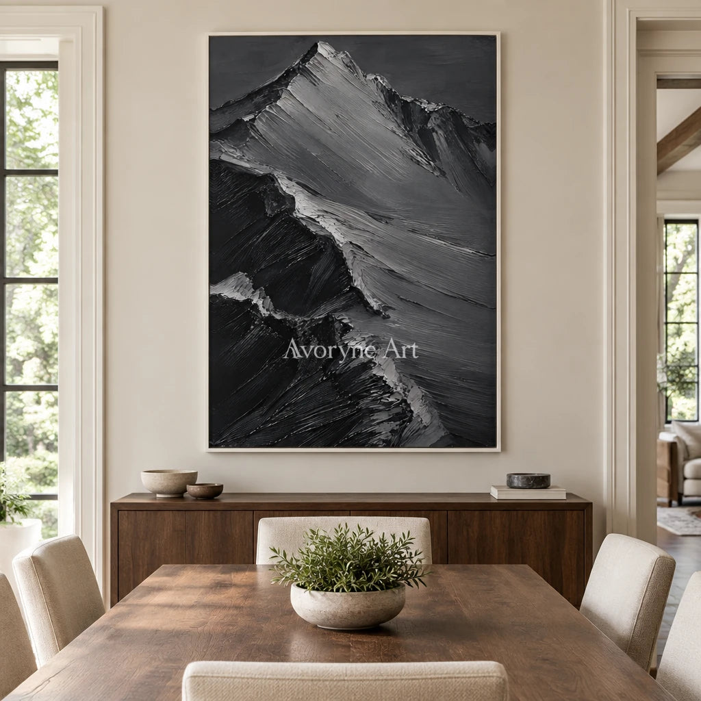 Slate Summits: Textured Monochrome Mountain Art — dining white