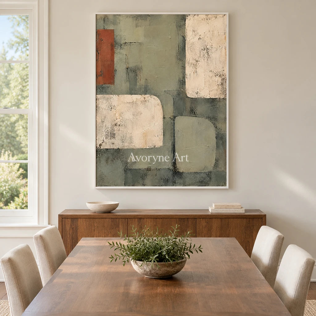 Sage Intervals: Textured Neutral Geometric Art — dining white