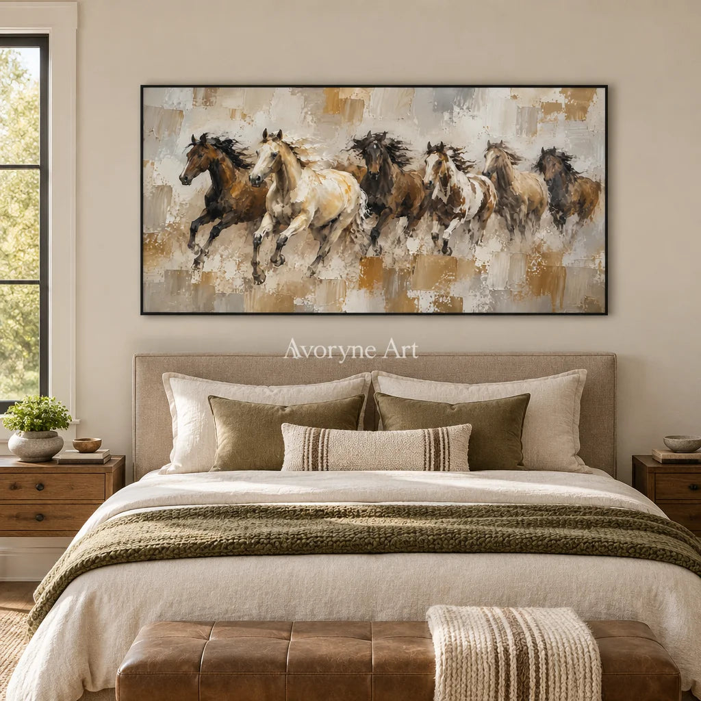 Open Gallop: Textured Panoramic Horse Art — bedroom black