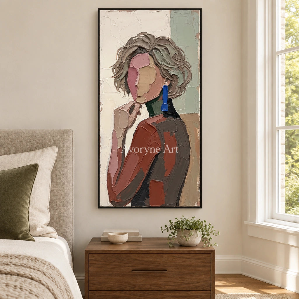 Verdant Memory textured portrait wall art with a black frame above a bed in a bedroom