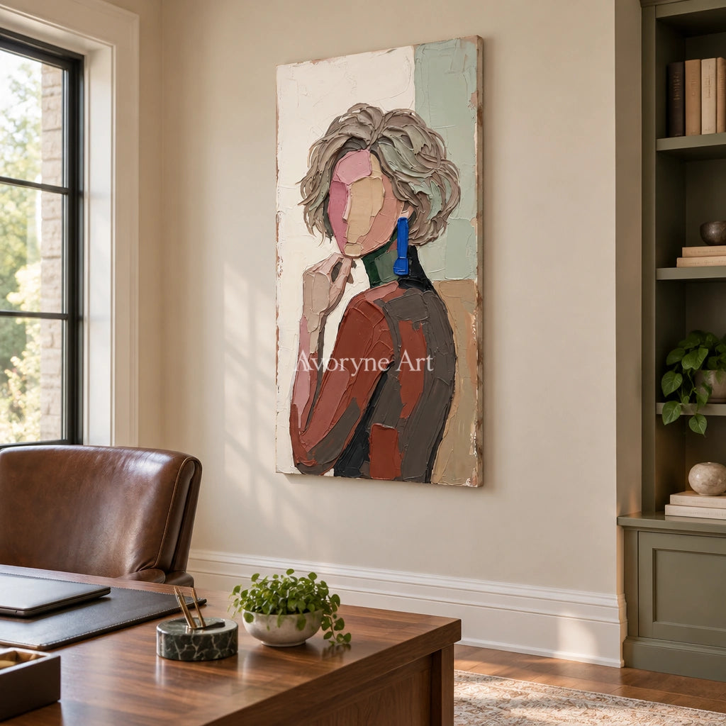 Verdant Memory textured portrait wall art as a frameless stretched canvas in a home office