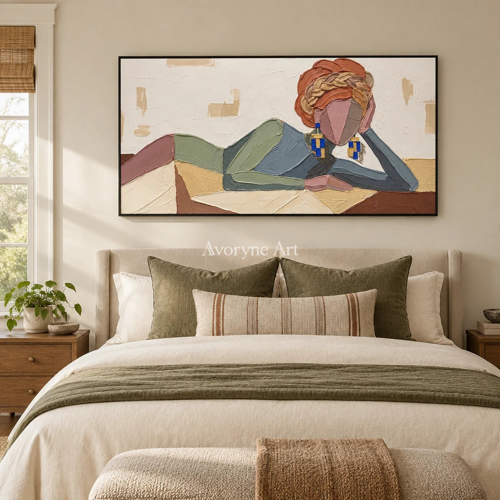 Verdant Prelude textured portrait wall art with a black frame above a bed in a bedroom