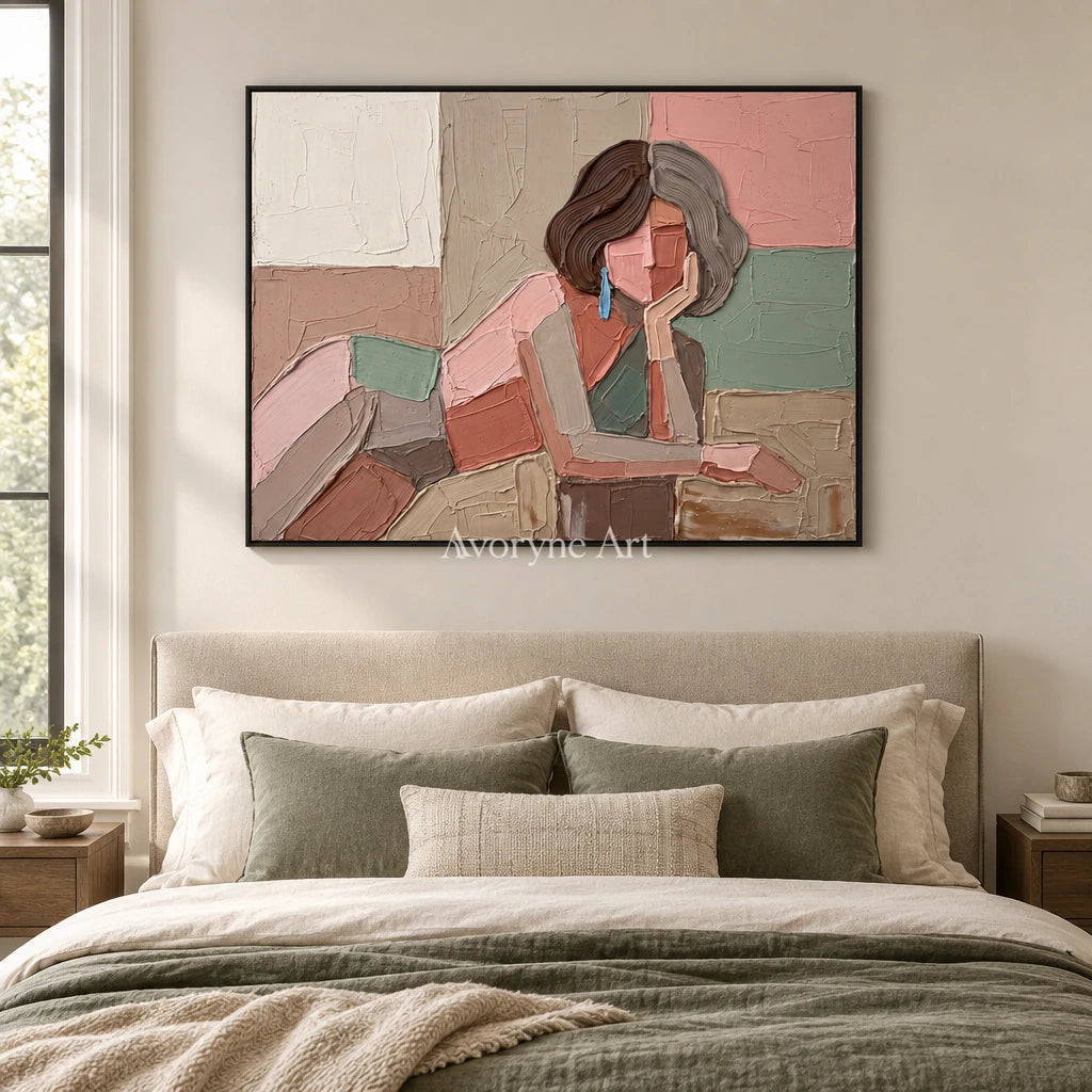 Verdant Trace textured portrait wall art with a black frame above a bed in a bedroom