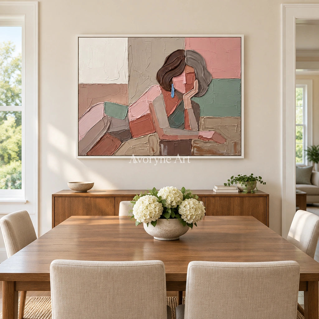 Verdant Trace textured portrait wall art with a white frame in a dining room