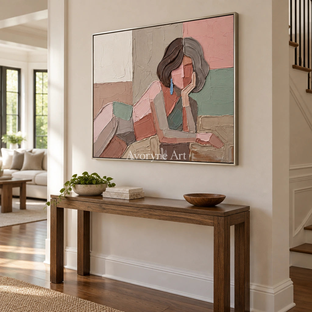 Verdant Trace textured portrait wall art with a silver frame in an entryway
