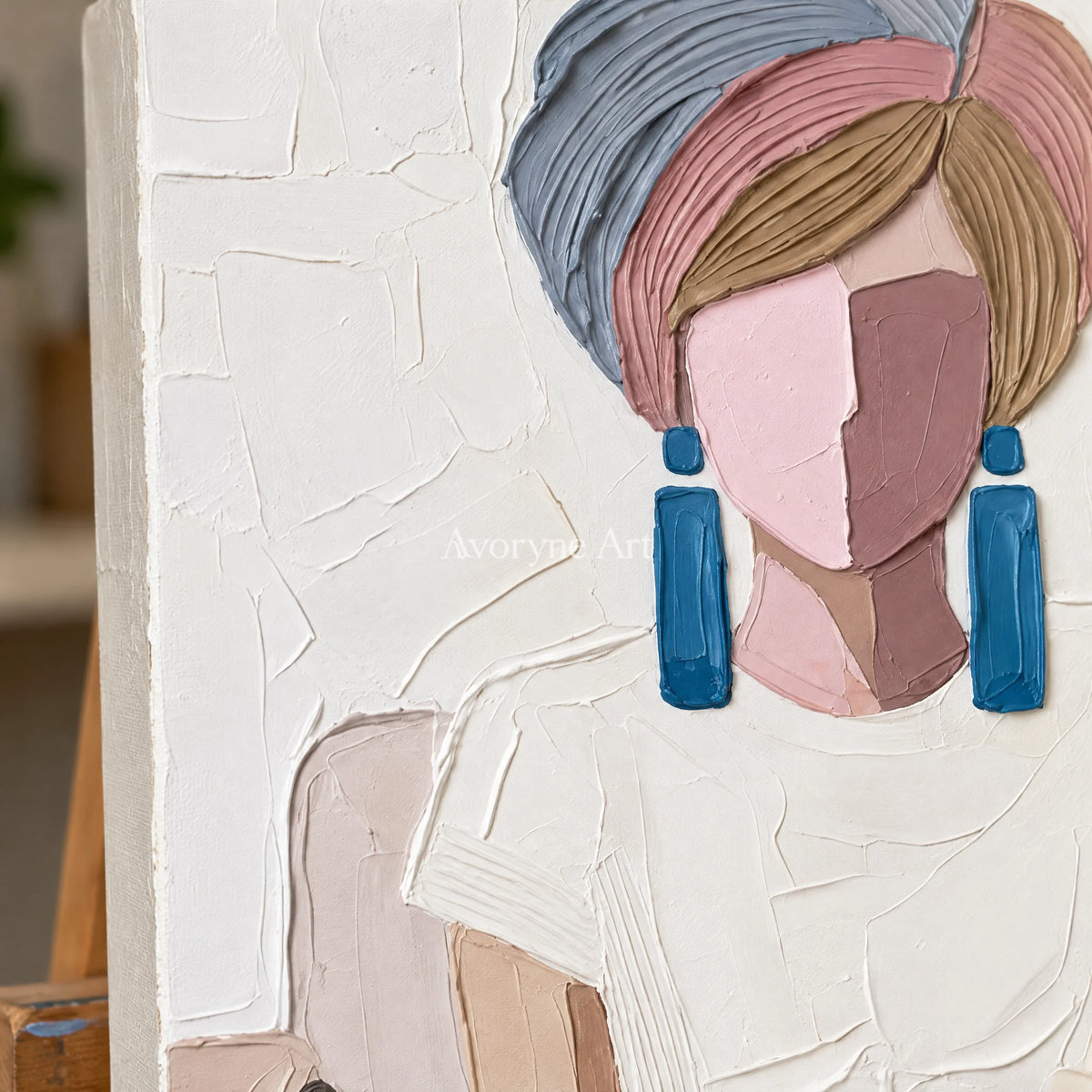 Close-up of the hand-painted texture of Verdant Story textured portrait wall art on an easel