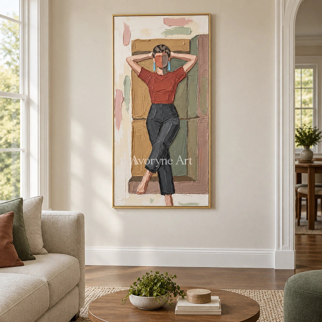 Verdant Vista textured portrait wall art with a gold frame hanging in a living room