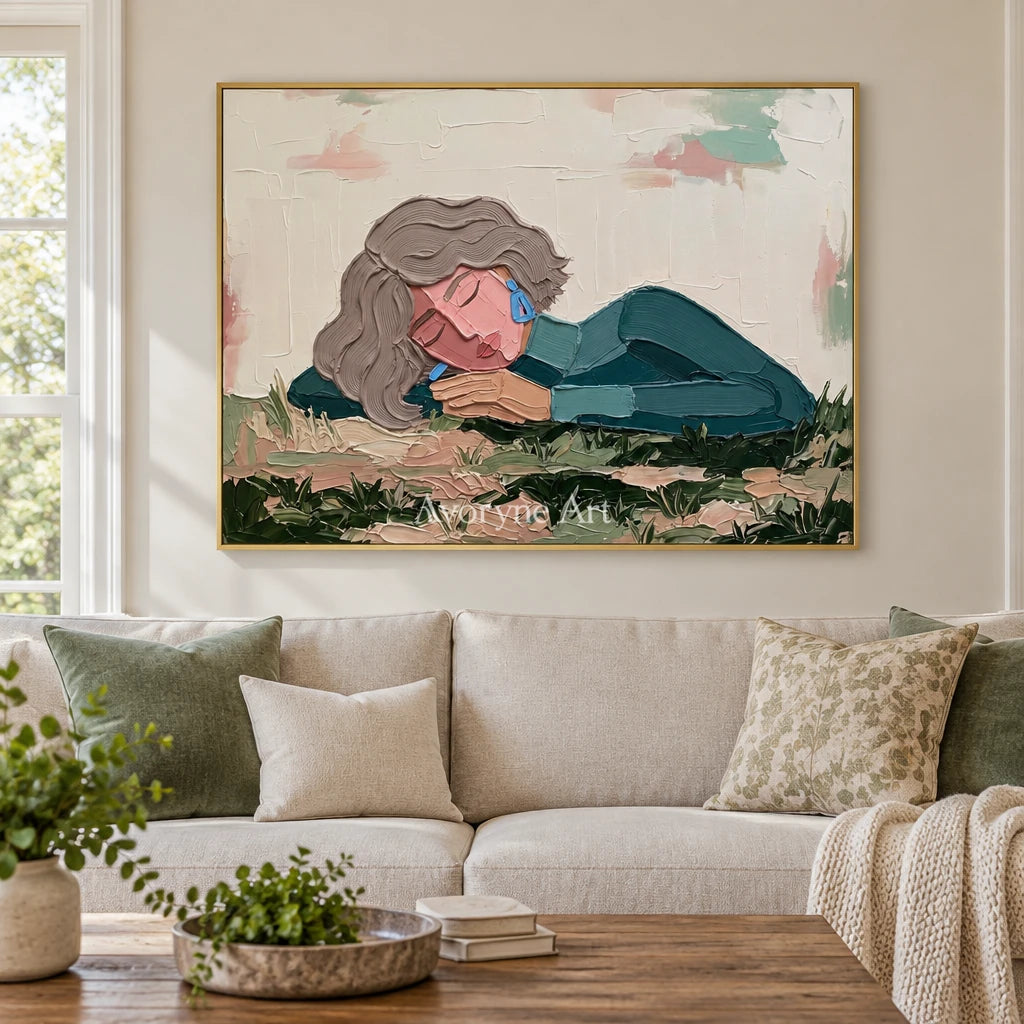 Verdant Solace textured portrait wall art with a gold frame hanging in a living room