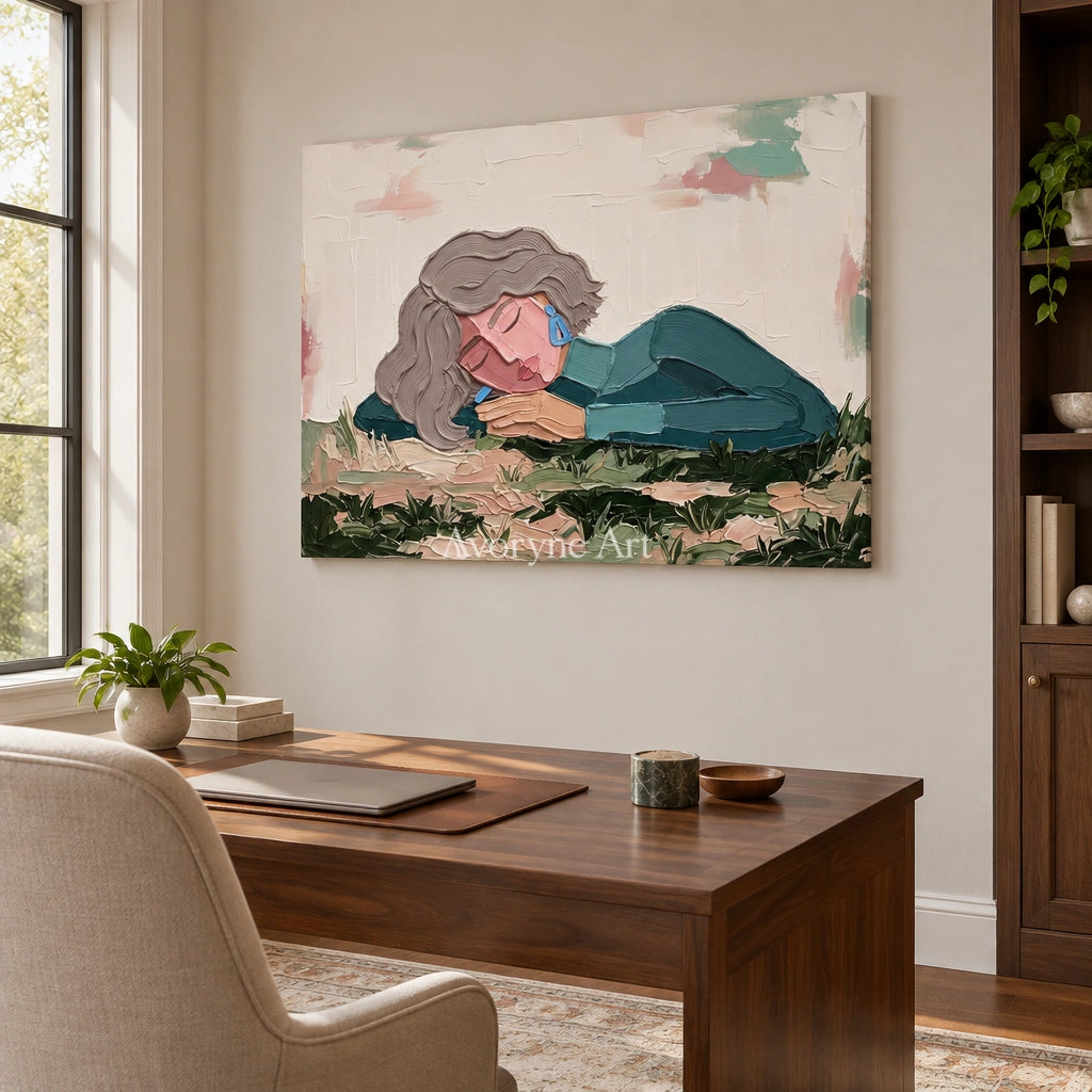 Verdant Solace textured portrait wall art as a frameless stretched canvas in a home office