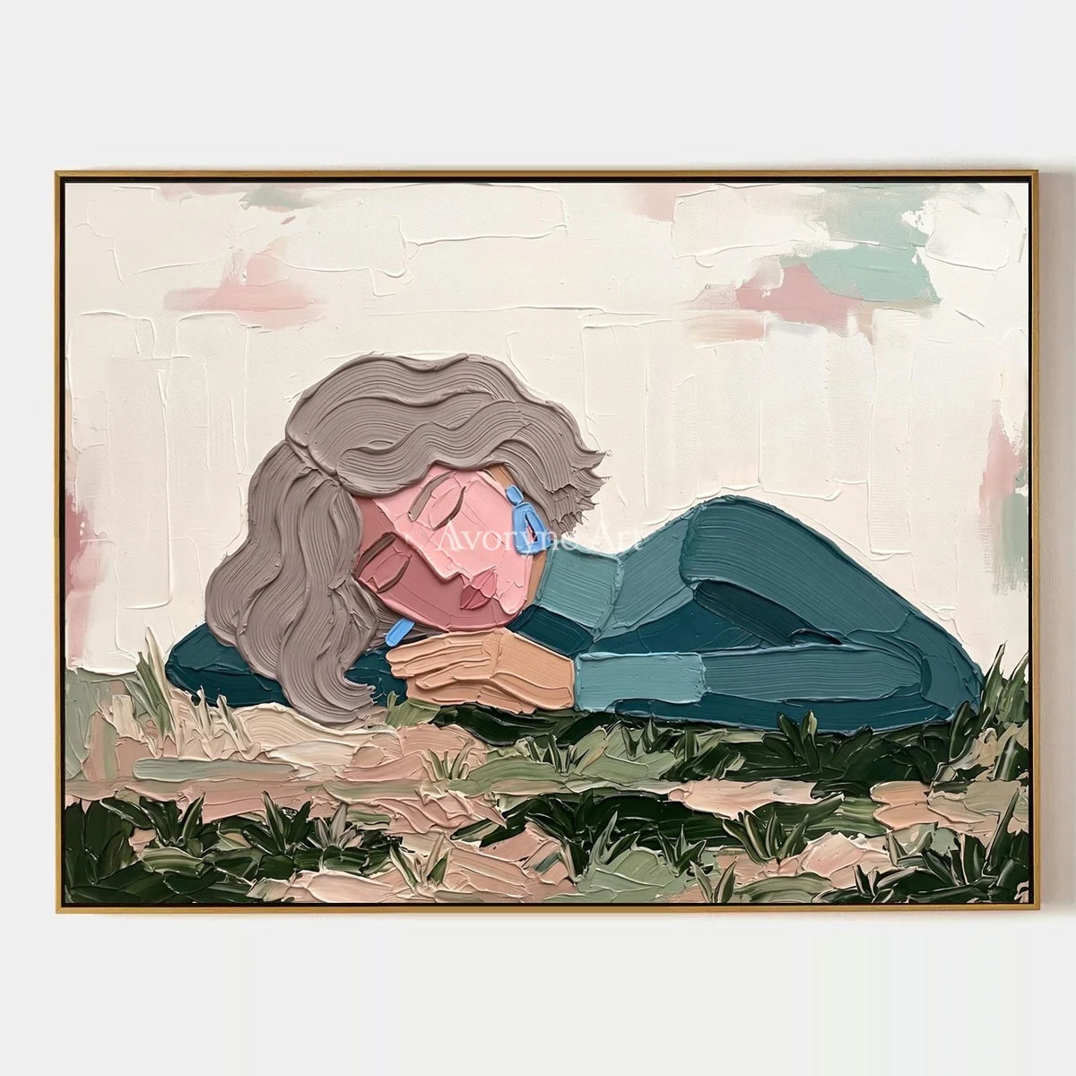 Verdant Solace, hand-painted textured portrait wall art by Nadia Tan