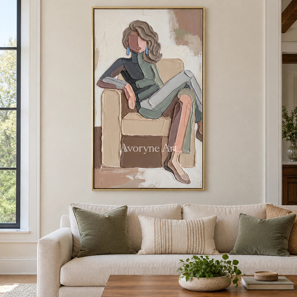 Verdant Reverberation textured portrait wall art with a gold frame hanging in a living room