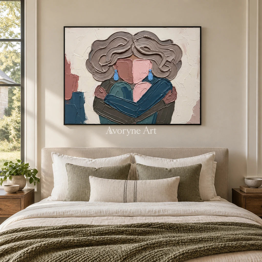 Verdant Dialogue textured portrait wall art with a black frame above a bed in a bedroom