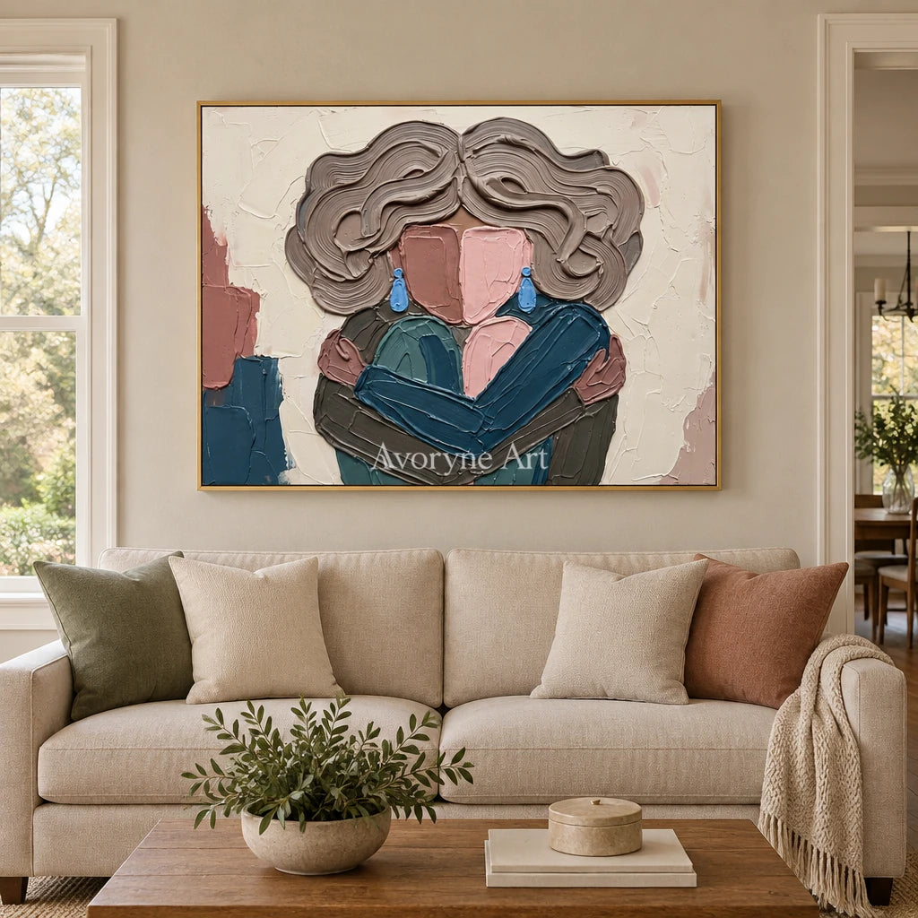 Verdant Dialogue textured portrait wall art with a gold frame hanging in a living room