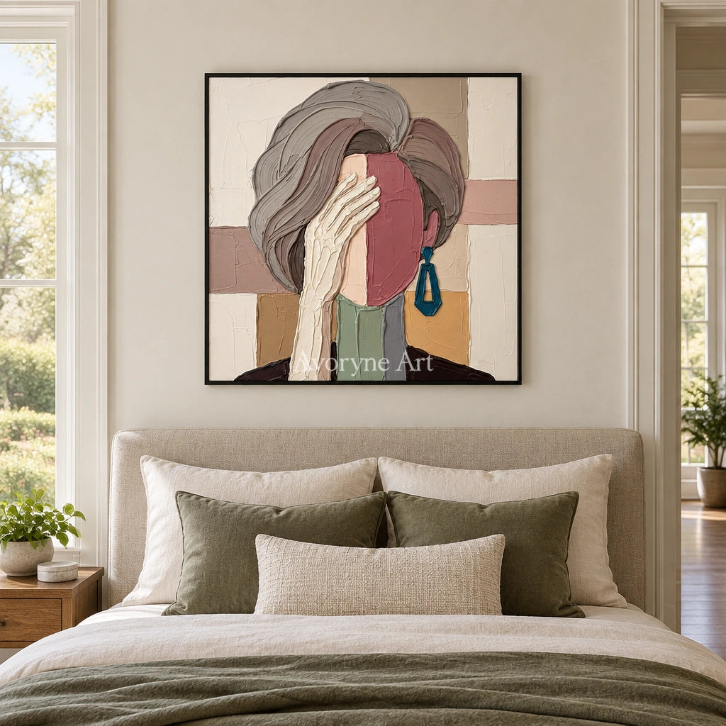 Blue Cadence textured portrait wall art with a black frame above a bed in a bedroom