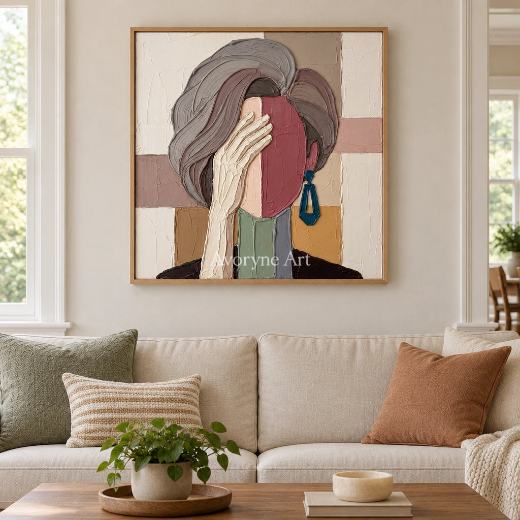 Blue Cadence textured portrait wall art with a wood frame in a villa living space