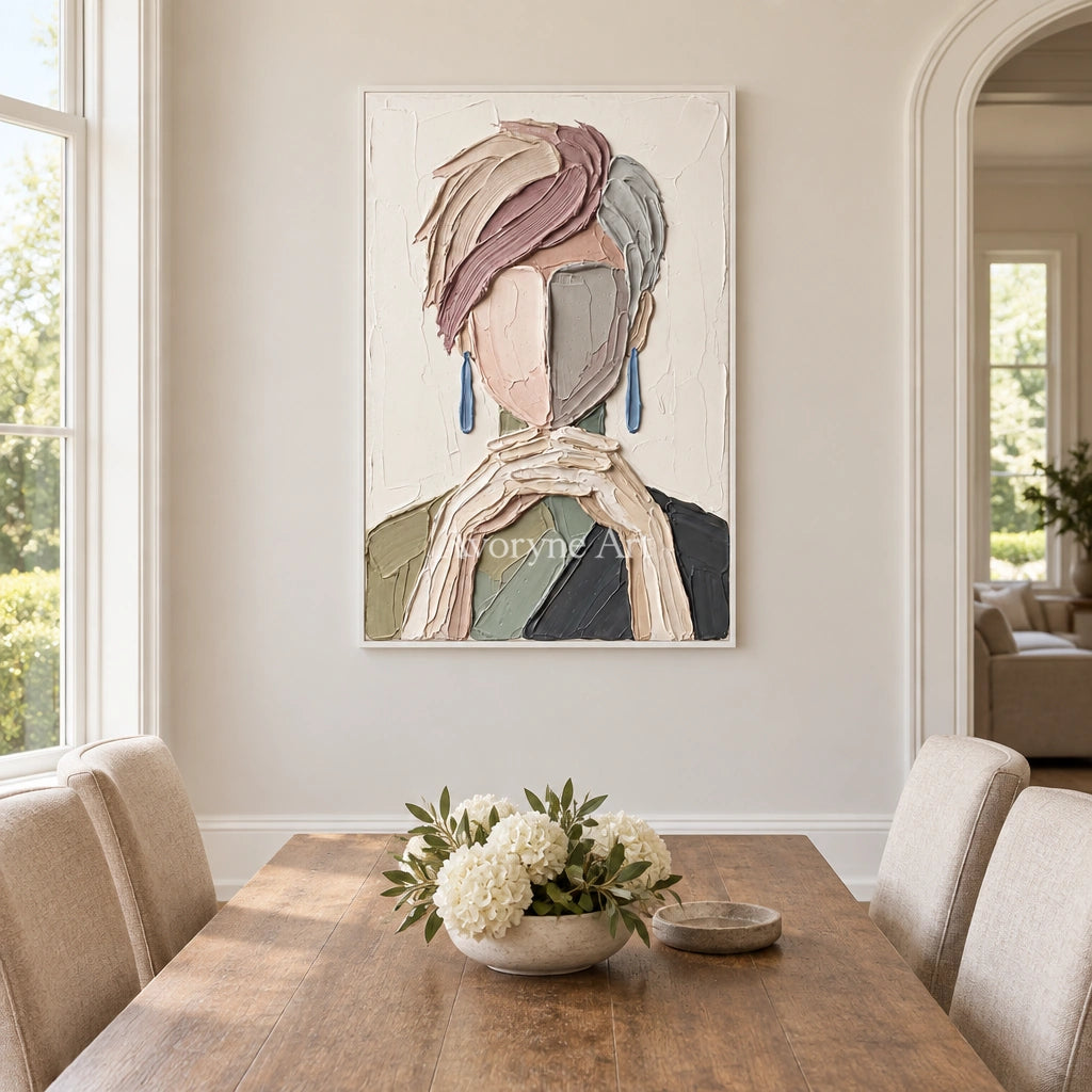 Blue Passage textured portrait wall art with a white frame in a dining room