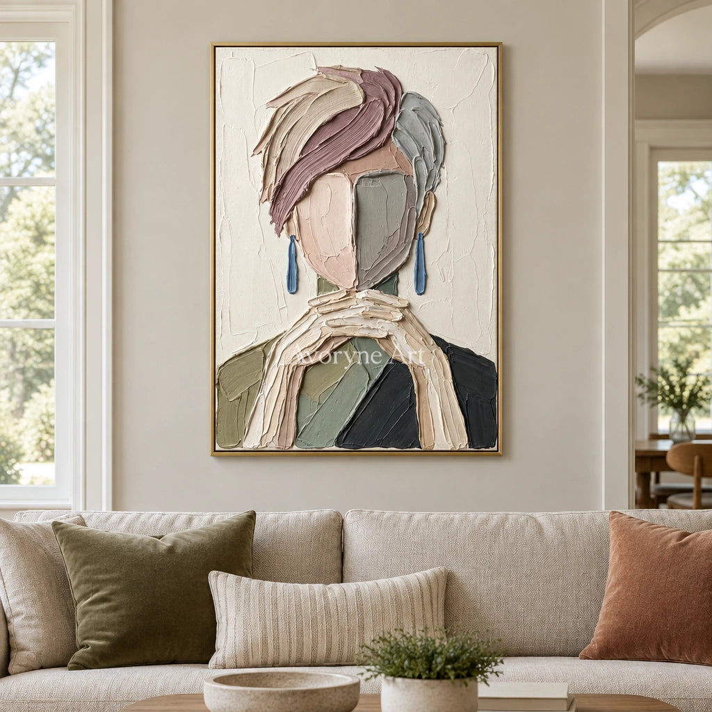 Blue Passage textured portrait wall art with a gold frame hanging in a living room