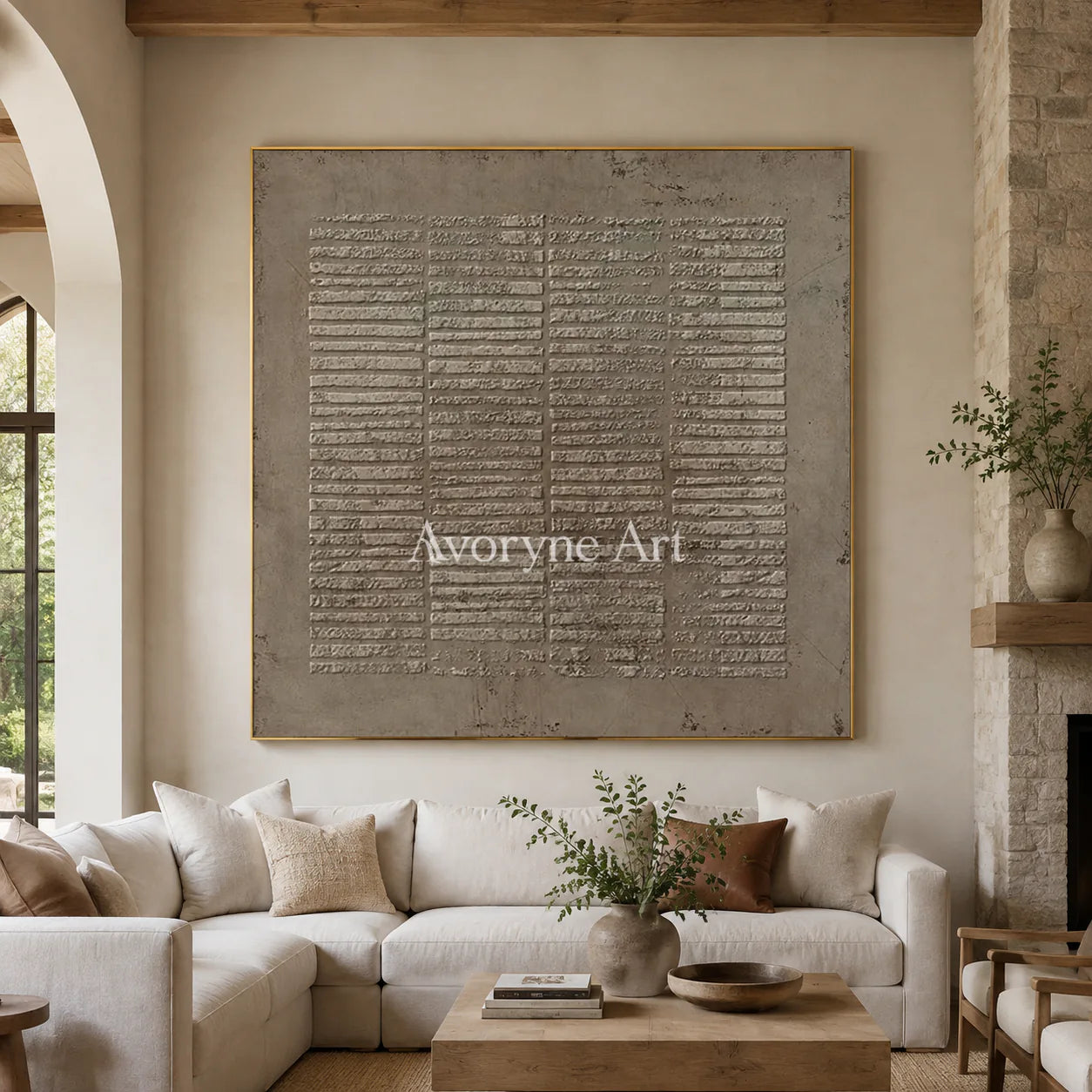 Earthen Silence: Textured Wabi-Sabi Abstract Wall Art - living room gold frame